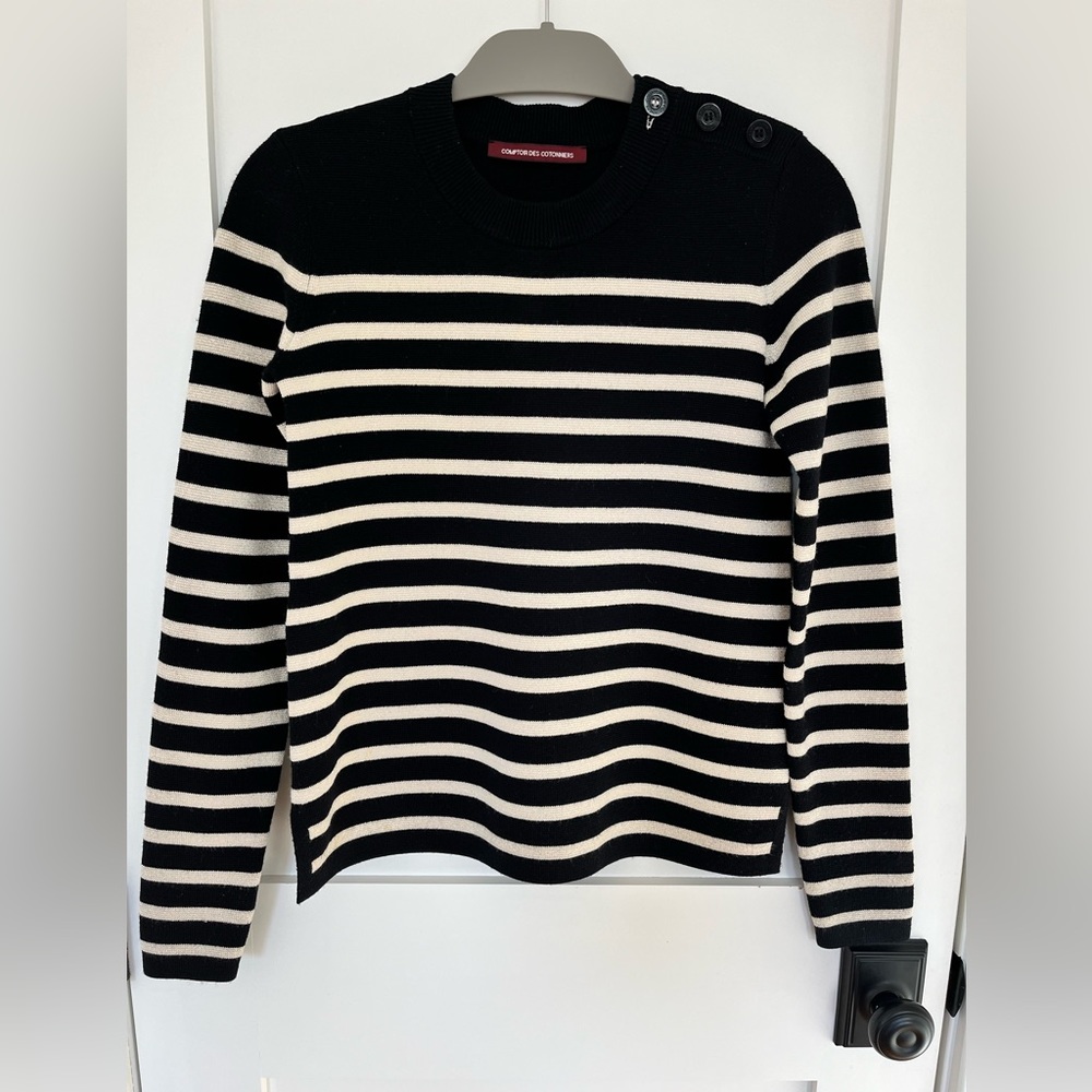 Comptoir des Cotonniers striped sweater in b&w with gold metallic finish, XS.